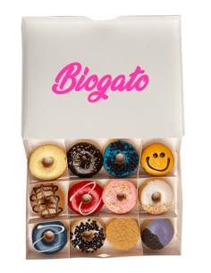 HappyKuchen.de Sortiment von 12 dekorierten Donuts ohne niedrigen GI-Zucker, vegan, bio und glutenfrei Geeignet für Diabetiker u