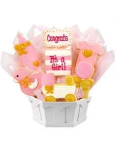 HappyKuchen.de Neugeborenes Baby Shower Kekskorb, vegan, biologisch und glutenfrei Mädchen geeignet für Diabetiker und Zöliakie