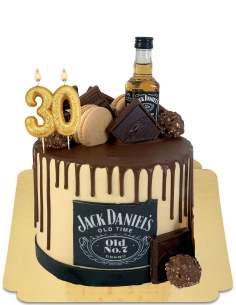 HappyKuchen.de Gâteau Jack Daniels effet drip cake avec macarons (mini bouteille de Jack Daniels non fournie) vegan, sans gluten