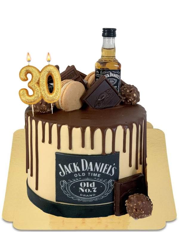 HappyKuchen.de Gâteau Jack Daniels effet drip cake avec macarons (mini bouteille de Jack Daniels non fournie) vegan, sans gluten