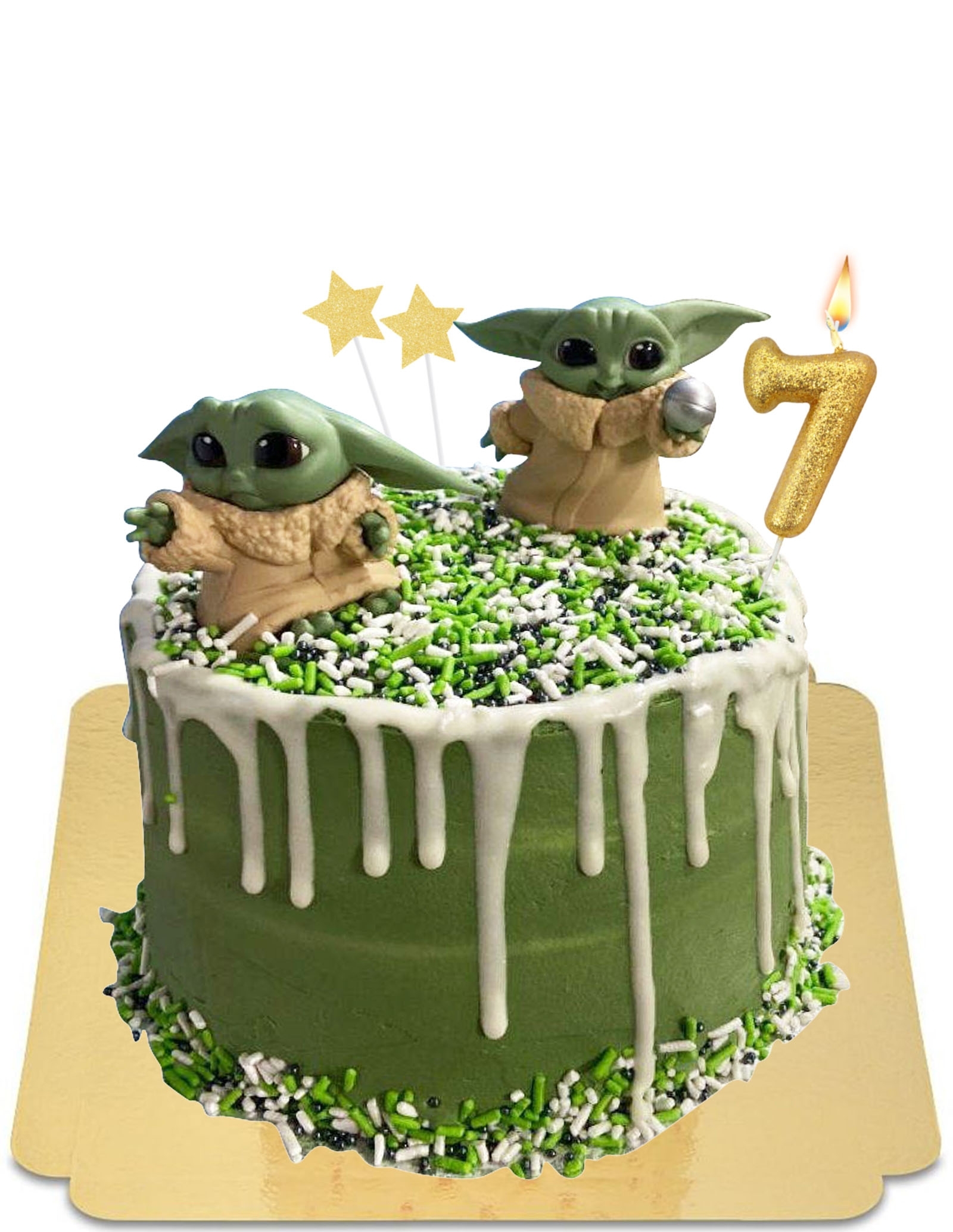 Grüner Baby Yoda Drip Cake mit veganen Baisers, glutenfrei