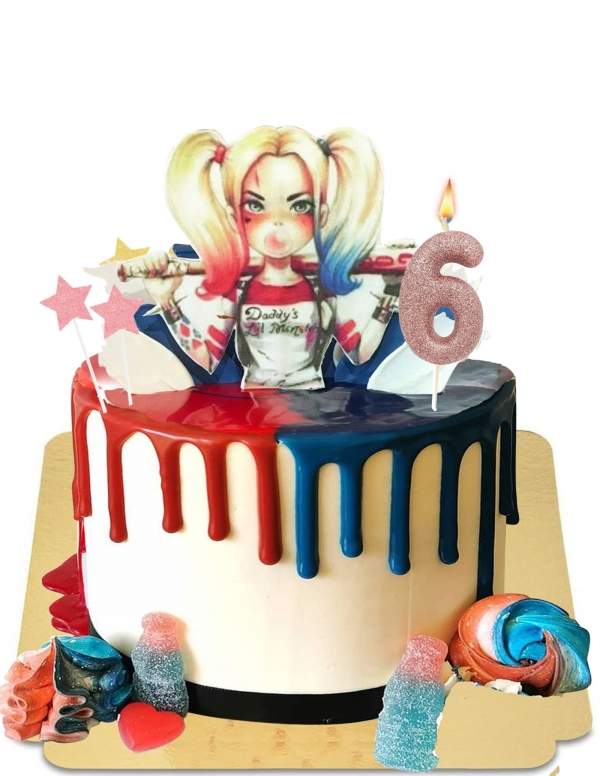 HappyKuchen.de Drip cake Harley Quinn bleu et rouge vegan, sans gluten - 113