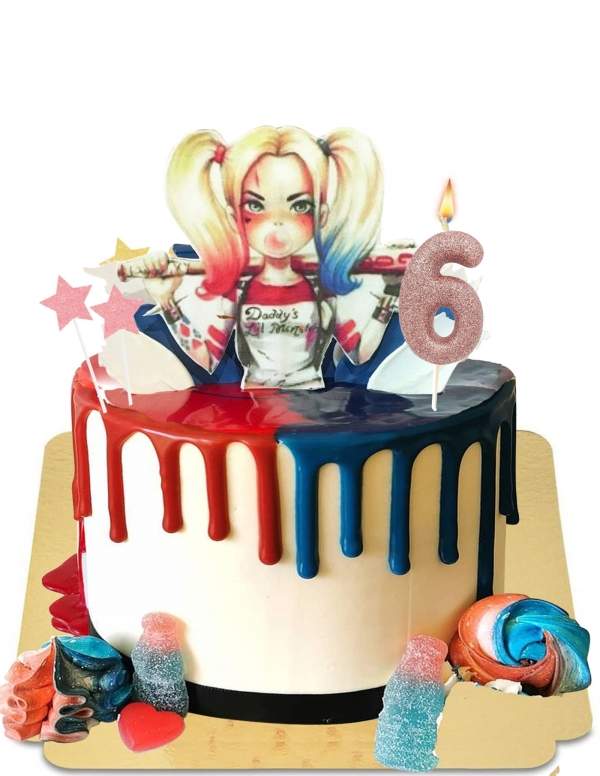 HappyKuchen.de Harley Quinn blau und rot veganer Drip Cake, glutenfrei - 113