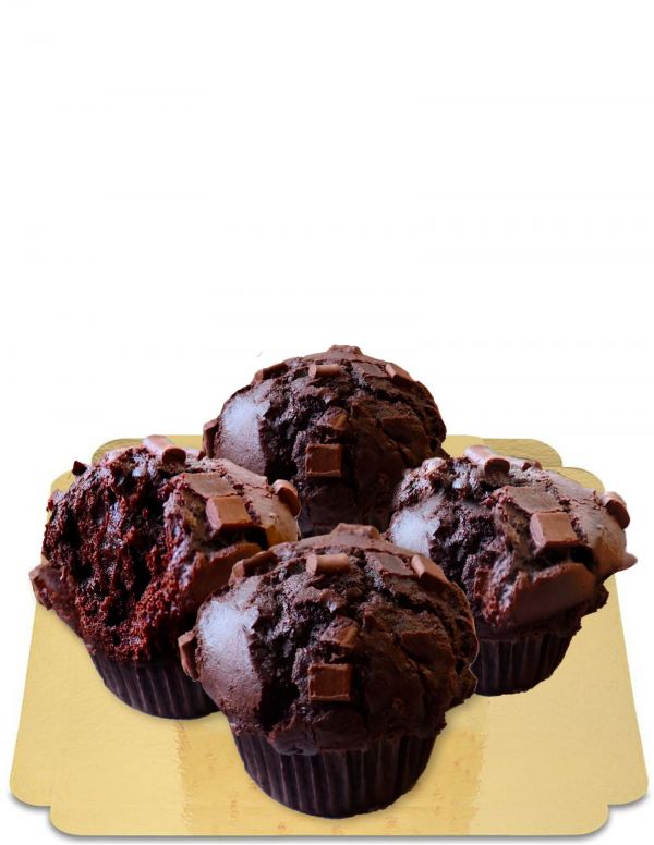 HappyKuchen.de 4 große "fudgy" doppelte Schokoladenmuffins mit schmelzendem Herzen ohne Zucker, bio, vegan und mit niedrigem GI 